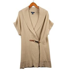 Chaps Women's 3X Beige Linen Cotton Knit Long Cardigan Vest Shawl Collar Buckle